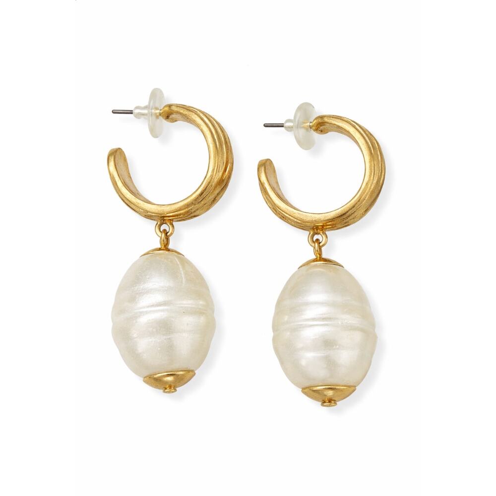 Chico’s Style Gold Tone Hoop Drop Earrings Faux Pearl Bead Boho Classic